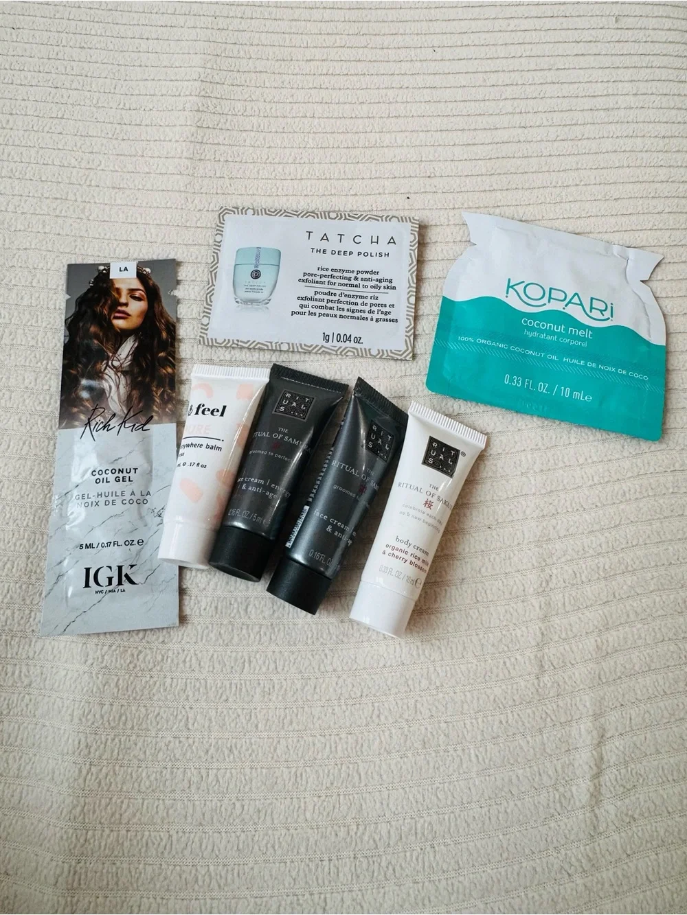 Assorted Sample Beauty Lot with IGK, Tatcha, Rituals & Kopari - hair & makeup
